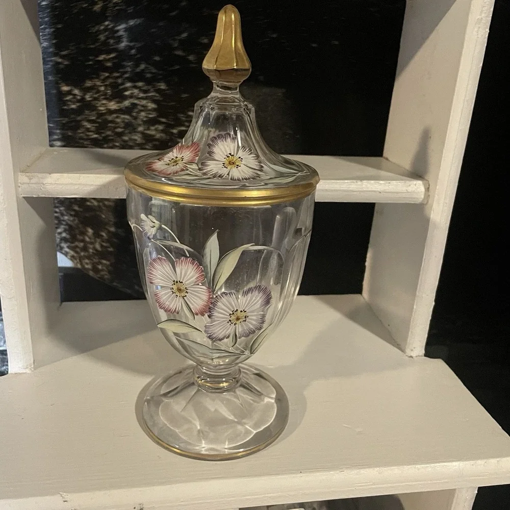 HANDPAINTED CRYSTAL FOOTED LIDDED CANDY JAR JEWELRY APOTHACARY‎ CABINET DISPLAY